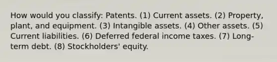 How would you classify: Patents. (1) Current assets. (2) Property, plant, and equipment. (3) Intangible assets. (4) Other assets. (5) Current liabilities. (6) Deferred federal income taxes. (7) Long-term debt. (8) Stockholders' equity.