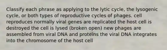 Classify each phrase as applying to the lytic cycle, the lysogenic cycle, or both types of reproductive cycles of phages. cell reproduces normally viral genes are replicated the host cell is destroyed the cell is lysed (broken open) new phages are assembled from viral DNA and proteins the viral DNA integrates into the chromosome of the host cell