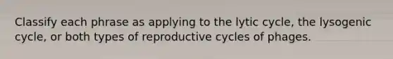 Classify each phrase as applying to the lytic cycle, the lysogenic cycle, or both types of reproductive cycles of phages.