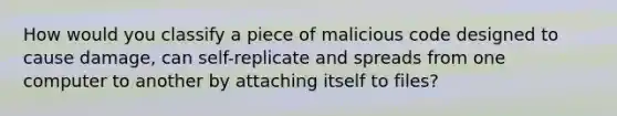 How would you classify a piece of malicious code designed to cause damage, can self-replicate and spreads from one computer to another by attaching itself to files?