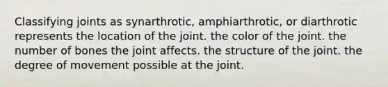 Classifying joints as synarthrotic, amphiarthrotic, or diarthrotic represents the location of the joint. the color of the joint. the number of bones the joint affects. the structure of the joint. the degree of movement possible at the joint.