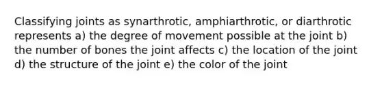 Classifying joints as synarthrotic, amphiarthrotic, or diarthrotic represents a) the degree of movement possible at the joint b) the number of bones the joint affects c) the location of the joint d) the structure of the joint e) the color of the joint