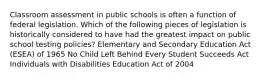 Classroom assessment in public schools is often a function of federal legislation. Which of the following pieces of legislation is historically considered to have had the greatest impact on public school testing​ policies? Elementary and Secondary Education Act​ (ESEA) of 1965 No Child Left Behind Every Student Succeeds Act Individuals with Disabilities Education Act of 2004