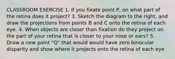 CLASSROOM EXERCISE 1. If you fixate point P, on what part of the retina does it project? 3. Sketch the diagram to the right, and draw the projections from points B and C onto the retina of each eye. 4. When objects are closer than fixation do they project on the part of your retina that is closer to your nose or ears? 5. Draw a new point "Q" that would would have zero binocular disparity and show where it projects onto the retina of each eye