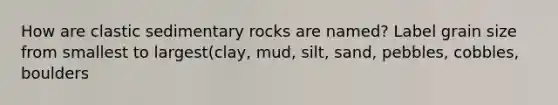 How are clastic sedimentary rocks are named? Label grain size from smallest to largest(clay, mud, silt, sand, pebbles, cobbles, boulders