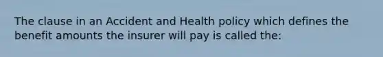 The clause in an Accident and Health policy which defines the benefit amounts the insurer will pay is called the: