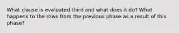 What clause is evaluated third and what does it do? What happens to the rows from the previous phase as a result of this phase?