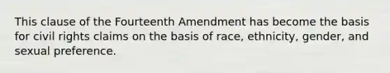 This clause of the Fourteenth Amendment has become the basis for civil rights claims on the basis of race, ethnicity, gender, and sexual preference.