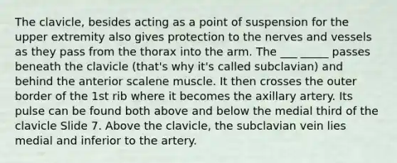 The clavicle, besides acting as a point of suspension for the upper extremity also gives protection to the nerves and vessels as they pass from the thorax into the arm. The ___ _____ passes beneath the clavicle (that's why it's called subclavian) and behind the anterior scalene muscle. It then crosses the outer border of the 1st rib where it becomes the axillary artery. Its pulse can be found both above and below the medial third of the clavicle Slide 7. Above the clavicle, the subclavian vein lies medial and inferior to the artery.