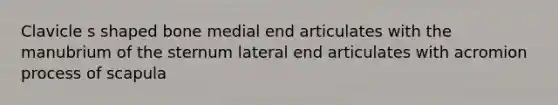 Clavicle s shaped bone medial end articulates with the manubrium of the sternum lateral end articulates with acromion process of scapula