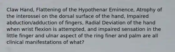 Claw Hand, Flattening of the Hypothenar Eminence, Atrophy of the interossei on the dorsal surface of the hand, Impaired abduction/adduction of fingers, Radial Deviation of the hand when wrist flexion is attempted, and impaired sensation in the little finger and ulnar aspect of the ring finer and palm are all clinical manifestations of what?