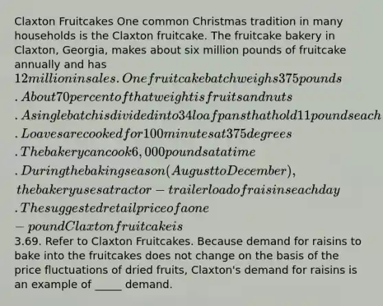 Claxton Fruitcakes One common Christmas tradition in many households is the Claxton fruitcake. The fruitcake bakery in Claxton, Georgia, makes about six million pounds of fruitcake annually and has 12 million in sales. One fruitcake batch weighs 375 pounds. About 70 percent of that weight is fruits and nuts. A single batch is divided into 34 loaf pans that hold 11 pounds each. Loaves are cooked for 100 minutes at 375 degrees. The bakery can cook 6,000 pounds at a time. During the baking season (August to December), the bakery uses a tractor-trailer load of raisins each day. The suggested retail price of a one-pound Claxton fruitcake is3.69. Refer to Claxton Fruitcakes. Because demand for raisins to bake into the fruitcakes does not change on the basis of the price fluctuations of dried fruits, Claxton's demand for raisins is an example of _____ demand.