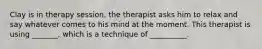 Clay is in therapy session. the therapist asks him to relax and say whatever comes to his mind at the moment. This therapist is using _______, which is a technique of __________.