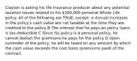 Clayton is asking his life insurance producer about any potential taxation issues related to his 100,000 personal Whole Life policy. All of the following are TRUE, except: A Annual increases in the policy's cash value are not taxable at the time they are credited to the policy B The interest that he pays on policy loans is tax-deductible C Since his policy is a personal policy, he cannot deduct the premiums he pays for the policy D Upon surrender of the policy, he will be taxed on any amount by which the cash value exceeds the cost basis (premiums paid) of the contract