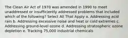 The Clean Air Act of 1970 was amended in 1990 to meet unaddressed or insufficiently addressed problems that included which of the following? Select All That Apply a. Addressing acid rain b. Addressing excessive noise and heat or cold extremes c. Addressing ground-level ozone d. Addressing stratospheric ozone depletion e. Tracking 75,000 industrial chemicals