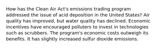 How has the Clean Air Act's emissions trading program addressed the issue of acid deposition in the United States? Air quality has improved, but water quality has declined. Economic incentives have encouraged polluters to invest in technologies such as scrubbers. The program's economic costs outweigh its benefits. It has slightly increased sulfur dioxide emissions.