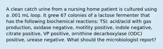 A clean catch urine from a nursing home patient is cultured using a .001 mL loop. It grew 67 colonies of a lactose fermenter that has the following biochemical reactions: TSI: acid/acid with gas production, oxidase negative, motility positive, indole negative, citrate positive, VP positive, ornithine decarboxylase (ODC) positive, urease negative. What should the microbiologist report?