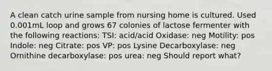 A clean catch urine sample from nursing home is cultured. Used 0.001mL loop and grows 67 colonies of lactose fermenter with the following reactions: TSI: acid/acid Oxidase: neg Motility: pos Indole: neg Citrate: pos VP: pos Lysine Decarboxylase: neg Ornithine decarboxylase: pos urea: neg Should report what?