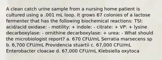 A clean catch urine sample from a nursing home patient is cultured using a .001 mL loop. It grows 67 colonies of a lactose fermenter that has the following biochemical reactions: TSI: acid/acid oxidase: - motility: + indole: - citrate: + VP: + lysine decarboxylase: - ornithine decarboxylase: + urea: - What should the microbiologist report? a. 670 CFU/mL Serratia marsecens sp b. 6,700 CFU/mL Providencia stuartii c. 67,000 CFU/mL Enterobacter cloacae d. 67,000 CFU/mL Klebsiella oxytoca