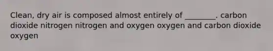 Clean, dry air is composed almost entirely of ________. carbon dioxide nitrogen nitrogen and oxygen oxygen and carbon dioxide oxygen