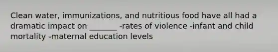 Clean water, immunizations, and nutritious food have all had a dramatic impact on _______ -rates of violence -infant and child mortality -maternal education levels