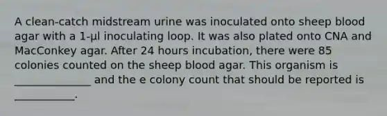 A clean-catch midstream urine was inoculated onto sheep blood agar with a 1-μl inoculating loop. It was also plated onto CNA and MacConkey agar. After 24 hours incubation, there were 85 colonies counted on the sheep blood agar. This organism is ______________ and the e colony count that should be reported is ___________.