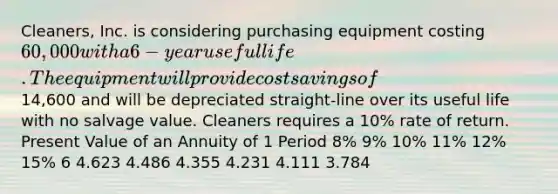 Cleaners, Inc. is considering purchasing equipment costing 60,000 with a 6-year useful life. The equipment will provide cost savings of14,600 and will be depreciated straight-line over its useful life with no salvage value. Cleaners requires a 10% rate of return. Present Value of an Annuity of 1 Period 8% 9% 10% 11% 12% 15% 6 4.623 4.486 4.355 4.231 4.111 3.784