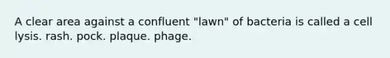 A clear area against a confluent "lawn" of bacteria is called a cell lysis. rash. pock. plaque. phage.