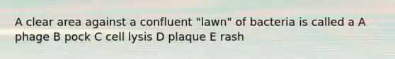 A clear area against a confluent "lawn" of bacteria is called a A phage B pock C cell lysis D plaque E rash