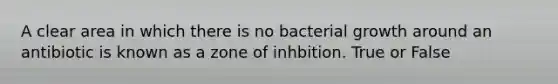 A clear area in which there is no bacterial growth around an antibiotic is known as a zone of inhbition. True or False