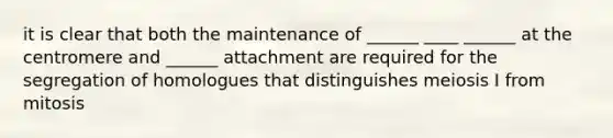 it is clear that both the maintenance of ______ ____ ______ at the centromere and ______ attachment are required for the segregation of homologues that distinguishes meiosis I from mitosis