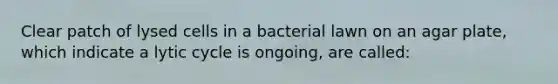 Clear patch of lysed cells in a bacterial lawn on an agar plate, which indicate a lytic cycle is ongoing, are called: