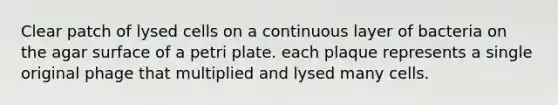 Clear patch of lysed cells on a continuous layer of bacteria on the agar surface of a petri plate. each plaque represents a single original phage that multiplied and lysed many cells.