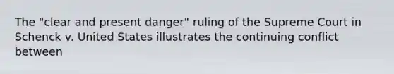 The "clear and present danger" ruling of the Supreme Court in Schenck v. United States illustrates the continuing conflict between