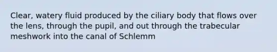 Clear, watery fluid produced by the ciliary body that flows over the lens, through the pupil, and out through the trabecular meshwork into the canal of Schlemm