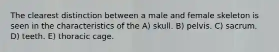 The clearest distinction between a male and female skeleton is seen in the characteristics of the A) skull. B) pelvis. C) sacrum. D) teeth. E) thoracic cage.