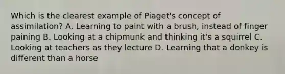 Which is the clearest example of Piaget's concept of assimilation? A. Learning to paint with a brush, instead of finger paining B. Looking at a chipmunk and thinking it's a squirrel C. Looking at teachers as they lecture D. Learning that a donkey is different than a horse