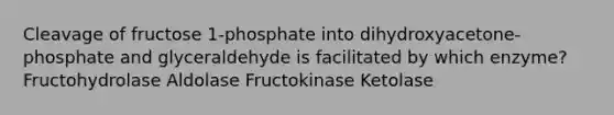 Cleavage of fructose 1-phosphate into dihydroxyacetone-phosphate and glyceraldehyde is facilitated by which enzyme? Fructohydrolase Aldolase Fructokinase Ketolase