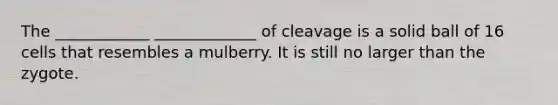 The ____________ _____________ of cleavage is a solid ball of 16 cells that resembles a mulberry. It is still no larger than the zygote.