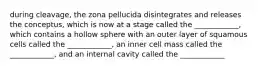 during cleavage, the zona pellucida disintegrates and releases the conceptus, which is now at a stage called the ____________, which contains a hollow sphere with an outer layer of squamous cells called the ____________, an inner cell mass called the ____________, and an internal cavity called the ____________