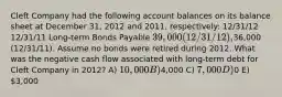 Cleft Company had the following account balances on its balance sheet at December 31, 2012 and 2011, respectively: 12/31/12 12/31/11 Long-term Bonds Payable 39,000 (12/31/12),36,000 (12/31/11). Assume no bonds were retired during 2012. What was the negative cash flow associated with long-term debt for Cleft Company in 2012? A) 10,000 B)4,000 C) 7,000 D)0 E) 3,000