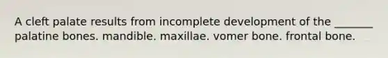 A cleft palate results from incomplete development of the _______ palatine bones. mandible. maxillae. vomer bone. frontal bone.