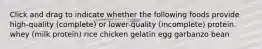 Click and drag to indicate whether the following foods provide high-quality (complete) or lower-quality (incomplete) protein. whey (milk protein) rice chicken gelatin egg garbanzo bean