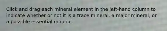 Click and drag each mineral element in the left-hand column to indicate whether or not it is a trace mineral, a major mineral, or a possible essential mineral.