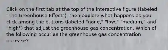 Click on the first tab at the top of the interactive figure (labeled "The Greenhouse Effect"), then explore what happens as you click among the buttons (labeled "none," "low," "medium," and "high") that adjust the greenhouse gas concentration. Which of the following occur as the greenhouse gas concentration increase?