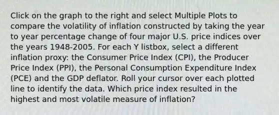 Click on the graph to the right and select Multiple Plots to compare the volatility of inflation constructed by taking the year to year percentage change of four major U.S. price indices over the years​ 1948-2005. For each Y​ listbox, select a different inflation​ proxy: the Consumer Price Index​ (CPI), the Producer Price Index​ (PPI), the Personal Consumption Expenditure Index​ (PCE) and the GDP deflator. Roll your cursor over each plotted line to identify the data. Which price index resulted in the highest and most volatile measure of​ inflation?