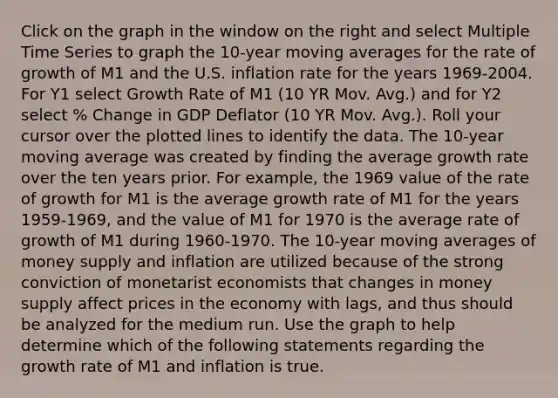 Click on the graph in the window on the right and select Multiple Time Series to graph the​ 10-year moving averages for the rate of growth of M1 and the U.S. inflation rate for the years​ 1969-2004. For Y1 select Growth Rate of M1​ (10 YR Mov.​ Avg.) and for Y2 select​ % Change in GDP Deflator​ (10 YR Mov.​ Avg.). Roll your cursor over the plotted lines to identify the data. The​ 10-year moving average was created by finding the average growth rate over the ten years prior. For​ example, the 1969 value of the rate of growth for M1 is the average growth rate of M1 for the years​ 1959-1969, and the value of M1 for 1970 is the average rate of growth of M1 during​ 1960-1970. The​ 10-year moving averages of money supply and inflation are utilized because of the strong conviction of monetarist economists that changes in money supply affect prices in the economy with​ lags, and thus should be analyzed for the medium run. Use the graph to help determine which of the following statements regarding the growth rate of M1 and inflation is true.