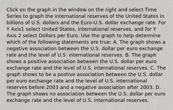 Click on the graph in the window on the right and select Time Series to graph the international reserves of the United States in billions of U.S. dollars and the​ Euro-U.S. dollar exchange rate. For Y Axis1 select United​ States, international​ reserves, and for Y Axis 2 select Dollars per Euro. Use the graph to help determine which of the following statements are​ true: A. The graph shows a negative association between the U.S. dollar per euro exchange rate and the level of U.S. international reserves. B. The graph shows a positive association between the U.S. dollar per euro exchange rate and the level of U.S. international reserves. C. The graph shows to be a postive association between the U.S. dollar per euro exchange rate and the level of U.S. international reserves before 2003 and a negative association after 2003. D. The graph shows no association between the U.S. dollar per euro exchange rate and the level of U.S. international reserves.