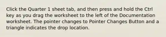 Click the Quarter 1 sheet tab, and then press and hold the Ctrl key as you drag the worksheet to the left of the Documentation worksheet. The pointer changes to Pointer Changes Button and a triangle indicates the drop location.