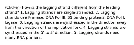 (Clicker) How is the lagging strand different from the leading strand? 1. Lagging strands are single-stranded. 2. Lagging strands use Primase, DNA Pol III, SS-binding proteins, DNA Pol I, Ligase. 3. Lagging strands are synthesized in the direction away from the direction of the replication fork. 4. Lagging strands are synthesized in the 5' to 3' direction. 5. Lagging strands need many RNA primers.